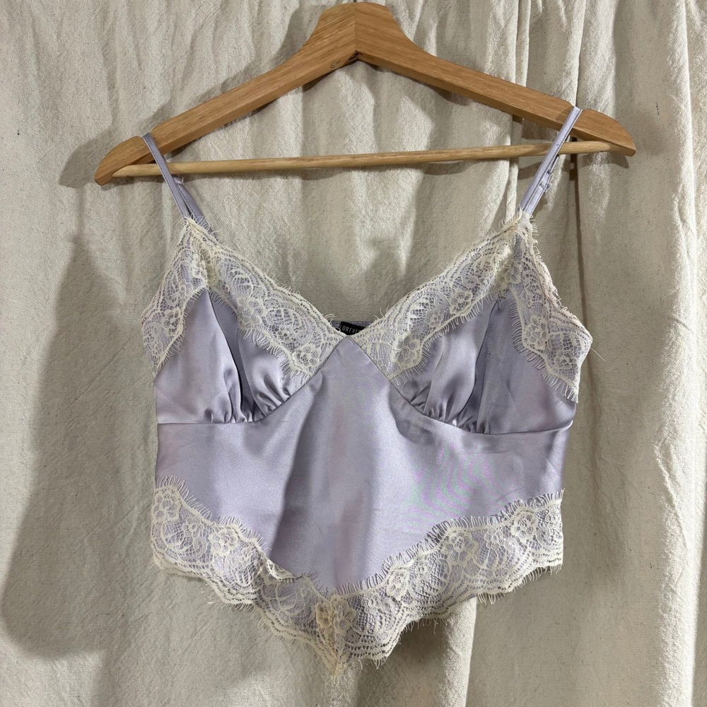 Forever 21 Lavender Satin Lace Trim Camisole Crop Top Small Smocked Back V-Neck